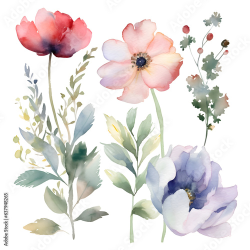 Watercolor illustration of anemone and anemone flowers.