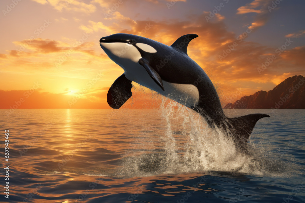 Fototapeta premium At sunset, Orca leaps from sea with splashes. Killer Whale in Norway fjord, nature's beauty..