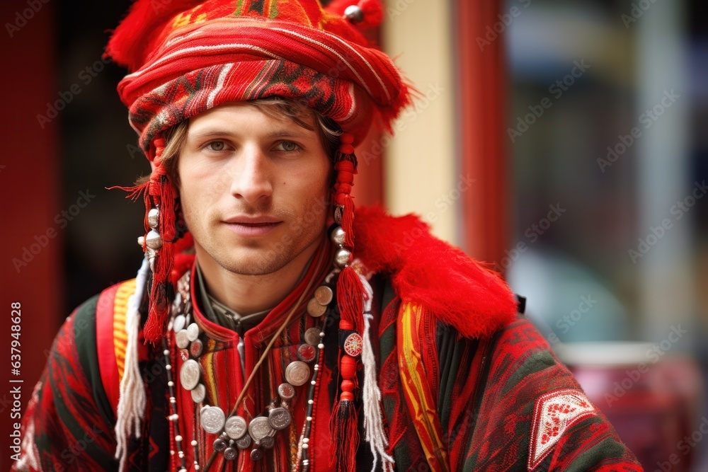 Male Portrait in Traditional Attire. Young man in historic clothing, hat. Concept of heritage and culture. Male Portrait in Traditional Attire. Young man in historic clothing, hat. Concept of heritage and culture.