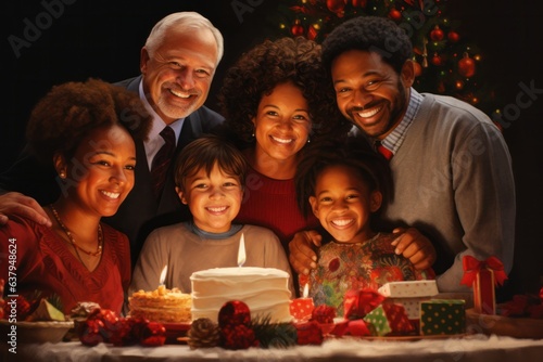 Multi-ethnic family celebrating festive holiday dinner  smiles  and togetherness. Concept of joyful Christmas gathering.