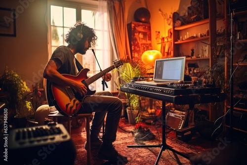Man with acoustic guitar enjoys online guitar tutorial in cozy living room. Concept of virtual learning and musical practice. © Postproduction
