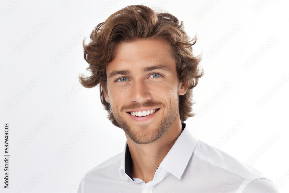 Confident, cheerful young man in formal attire, pleased to meet colleagues. Isolated headshot on white background.. Confident, cheerful young man in formal attire, pleased to meet colleagues. Isolated headshot on white background..