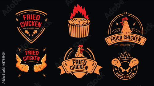 Set of vintage retro fried chicken restaurant logo with dark black background
