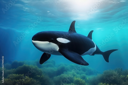 Orca whale gracefully swims in natural ocean habitat. Marine life beauty.