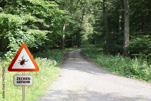 Warning sign for infected ticks in a forest. Risk of tick and Lyme disease. photo