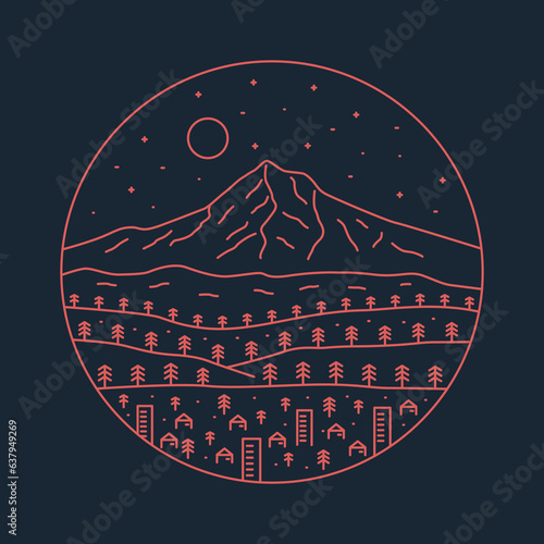 Portland Oregon and the Mt Hood in the backside in mono line vector illustration