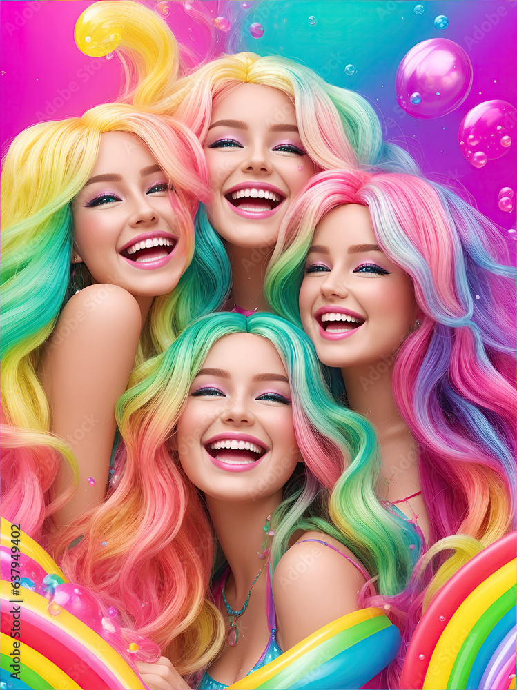 beautiful women styled like dolls with rainbow colors beautiful women styled like dolls with rainbow colors