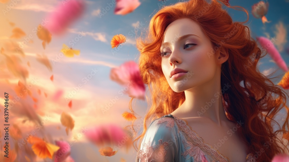 Beautiful redhead woman. Orange, pink and yellow flowers in the field, blue smoke, pastel colors. Generative AI - obrazy, fototapety, plakaty 