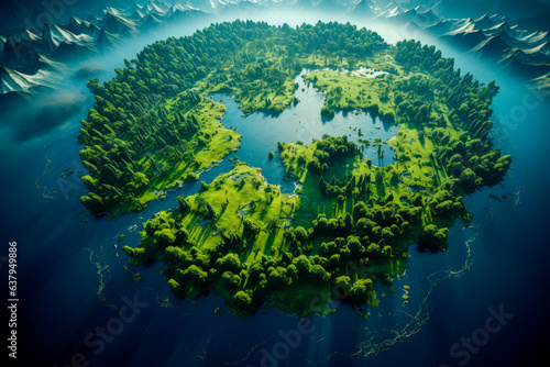 Fotografia, Obraz Aerial view of blue sea with island and green forests on a sunny summer day