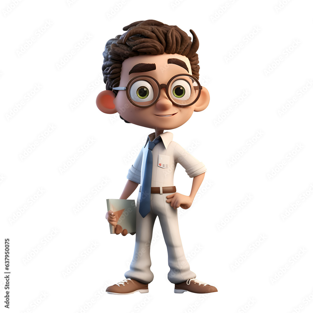 3D Render of Cartoon Business Character with notepad on white background