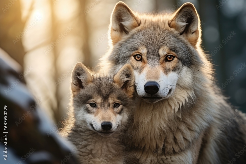 Fototapeta premium EUROPEAN WOLF Canis lupus, portrait of a female with cubs in the forest