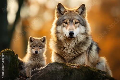 EUROPEAN WOLF Canis lupus, portrait of a female with cubs in the forest photo