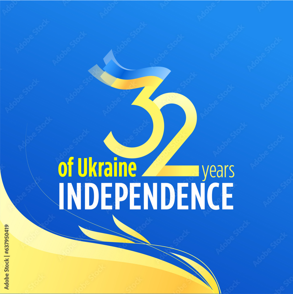 Obraz premium 32 years of Ukraine's independence. Vector design for print banner, poster, and social media post. National flag colors and symbols. English 