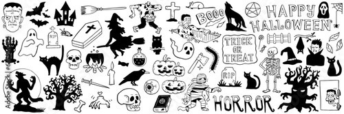 Halloween doodles vector illustration. Thin line art, linear, thin line art, hand drawn sketch, black and white ink style. Big set, bundle, collection. 