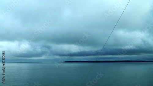 Panoramic view from the bridge of the ship to the Baltic Sea and the blue sky.