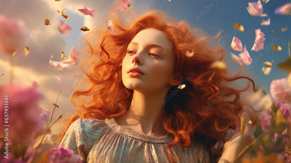 Beautiful redhead woman. Orange, pink and yellow flowers in the field, blue smoke, pastel colors. Generative AI