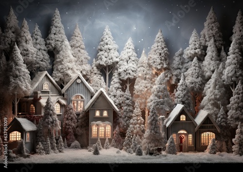  A captivating winter scene featuring charming houses adorned with twinkling lights, surrounded by a festive atmosphere that evokes the enchantment of the holiday season. Generative Ai.