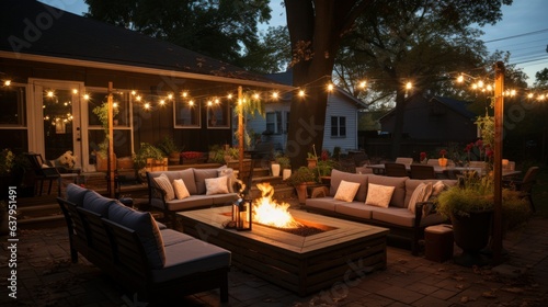 Backyard fire pit with 4x4 posts in planters with Edison bulbs strung from them