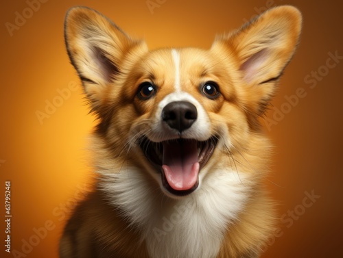 Full body shot of smiling one puppy Pembroke Welsh Corgi dog sitting and looking to the front isolated on beige color background,