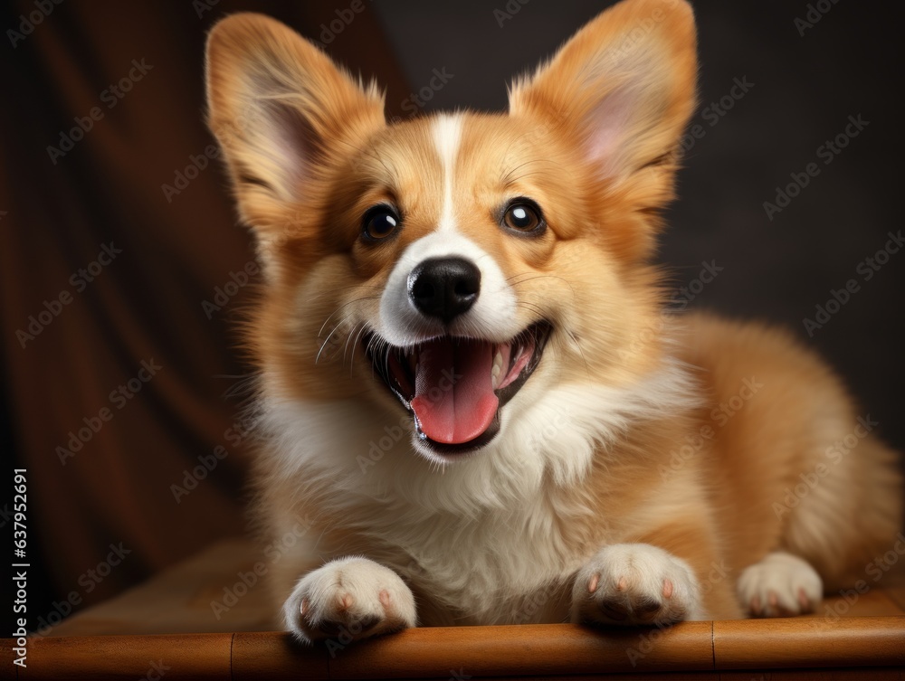 Full body shot of smiling one puppy Pembroke Welsh Corgi dog sitting and looking to the front isolated on beige color background,