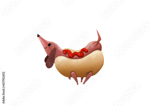 Cartoon hotdog illustration isolated on a white background. Sausage dog in a hotdog bun. Ethical modern force-free dog training.