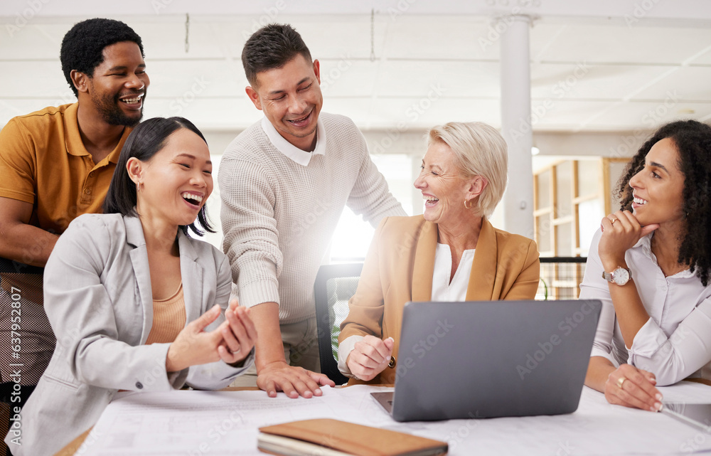 Business people, teamwork and happy on laptop for marketing meme, collaboration or funny presentation in meeting. Professional manager and group of men and women on computer with team website design Business people, teamwork and happy on laptop for marketing meme, collaboration or funny presentation in meeting. Professional manager and group of men and women on computer with team website design