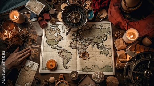 An adventurous flat lay of vintage maps, compasses, and expedition-themed decorations, journeying into holiday exploration - Generative ai