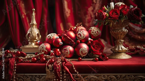 An opulent composition with deep red and gold accents, velvet ribbons, and jeweled ornaments, radiating luxury - Generative ai