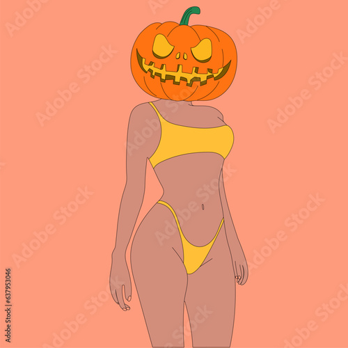A girl in lingerie and with a scary pumpkin head