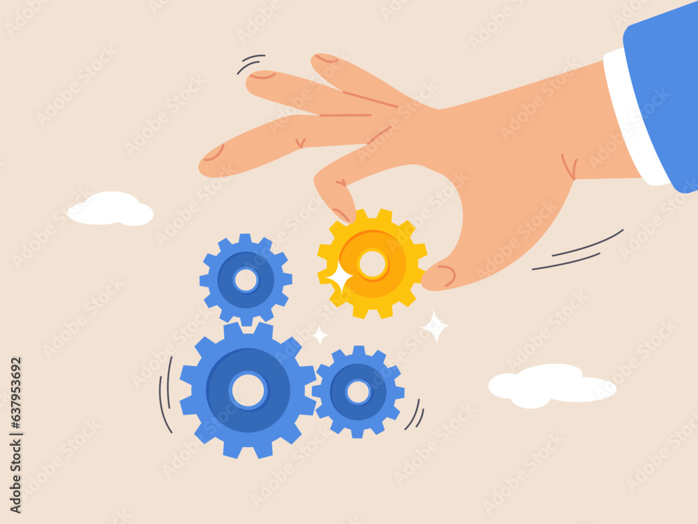 Business solution to fix problem concept. Leadership to connect business part strategy. Expertise and skill to drive success, businessman hand put important gear or cogwheel to make machine run good. Business solution to fix problem concept. Leadership to connect business part strategy. Expertise and skill to drive success, businessman hand put important gear or cogwheel to make machine run good.