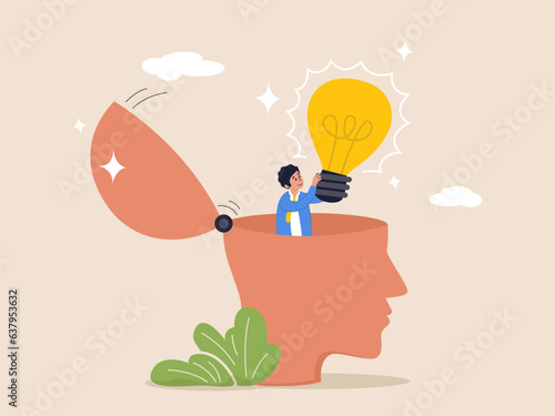 Discover new idea concept. Eureka moment. Solution to solve problem, business insight, inspiration or creativity innovation, Aha moment, man with eureka moment discover lightbulb idea in his head.