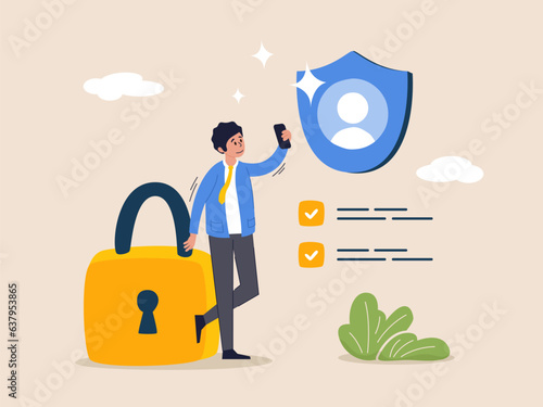 Terms and conditions concept. Protecting personal data, checking documents. Account security, privacy policy, user agreement. Man reading document on phone. Vector illustration in flat design