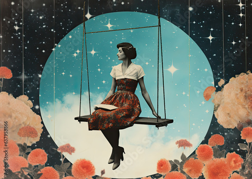 Minimalistic collage of a woman in a dress on a swing, red and white flowers and a starry sky with clouds in the background. Surreal collage-style paintings