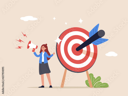 Target marketing concept. Focus group. Goal achievement. Successful business or consumer targeting. PR manager woman attracting customers with megaphone. Online advertising. Vector illustration.