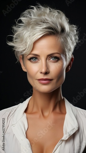 Tablou pe pânză Portrait of mature woman with short hair cut. Authentic beauty.