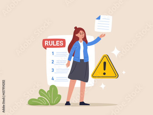 Rules and regulations concept. Company policy, corporate law and business ethics. Business woman demonstrating checklist of rules and regulation standards. Vector illustration in flat design