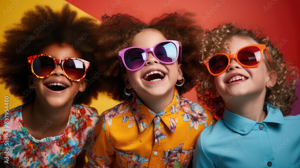 Three kids colourful background, joyful and optimistic. Generative AI