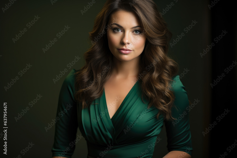 Naklejka premium Confident and Stylish Businesswoman in a Green Silk Dress: A Captivating Portrait of an Independent and Ambitious Corporate Professional