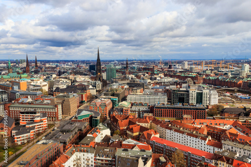 Aerial view of Hamburg city center  Germany. View from bell tower of St. Michael s Church