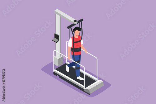 Character flat drawing of physiotherapy rehabilitation isometric composition with man walking on medical running machine in hospital. Healthcare treatment concept. Cartoon design vector illustration