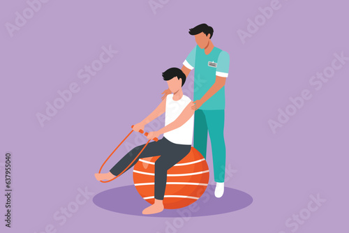 Character flat drawing physiotherapy rehabilitation isometric composition with medical specialist helping man patient to massage leg with rope. Healthcare hospital. Cartoon design vector illustration