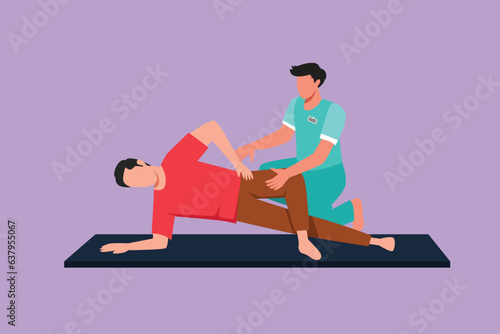 Graphic flat design draw professional male osteopath bonesetter making massage to man. Spine adjustment. Rehabilitation therapy, manual therapy. Chiropractor working. Cartoon style vector illustration