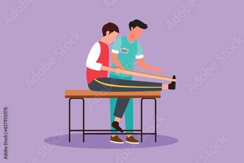 Graphic flat design draw people massage, professional relax therapy, medical health care, male masseur. Man sitting on couch, medicine wellness therapist specialist. Cartoon style vector illustration
