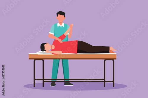 Graphic flat design drawing sick man patient lying on massage table therapist doing healing treatment massaging injured hand manual physical therapy rehabilitation. Cartoon style vector illustration