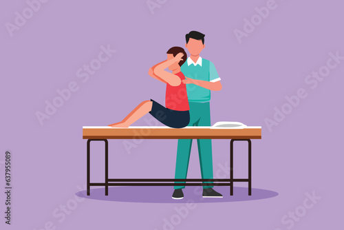 Cartoon flat style drawing of man sitting on massage table masseur doing healing treatment massaging injured patient manual physical therapy medical rehabilitation. Graphic design vector illustration