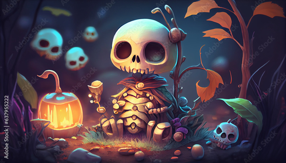 Cute skeleton halloween fantasy background, halloween background with pumpkin and skull, Ai generated image 