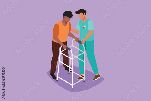 Cartoon flat style drawing man walking in medical rehabilitation, physical therapy center. Male in recovery doing exercises. Guy therapist helping rehab healthcare. Graphic design vector illustration