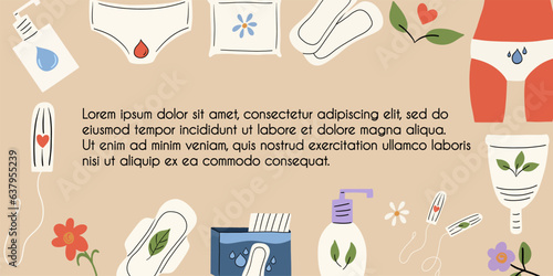 Template, banner with feminine personal intimate hygiene products. Pads, intimate gel, menstrual cup, tampons. Vector illustration