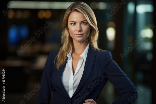 Confident and Successful Businesswoman: A Striking Portrait of a Blonde-haired, Blue-eyed Executive in a Polished Business Suit, Demonstrating Resolute Determination and Professionalism © aicandy