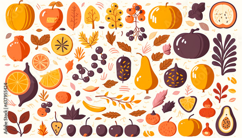 Beautiful vector illustrations of autumn fruits and vegetables Ideal for use in seasonal marketing materials or designs High quality graphics that can be easily resized and customized